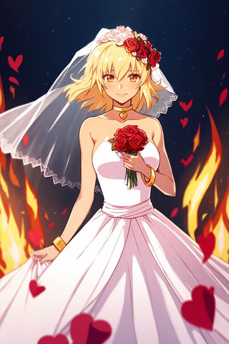 54213-3416156600-masterpiece, best quality, _lora_cagalli_1_,_1girl, solo, dress, flower, blonde hair, fire, veil, wedding dress, bouquet, rose,.png